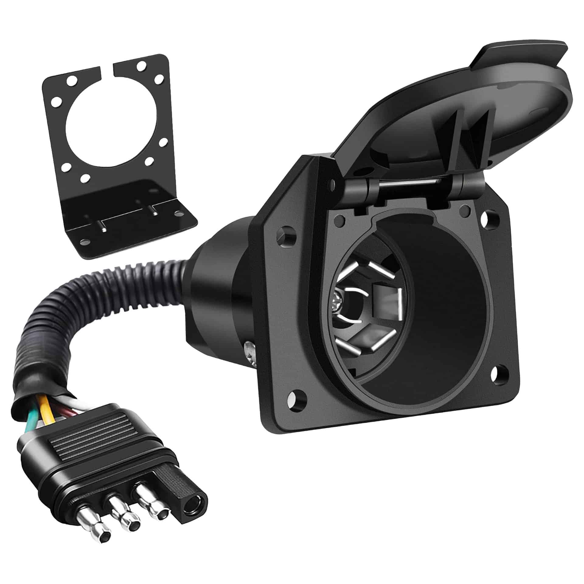 4-way flat to 7-way round trailer adapter wiring harness with mounting bracket