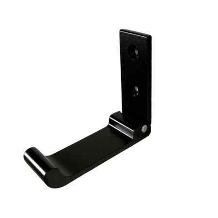 Black aluminum folding thinline wall hook shown extended in mounted position