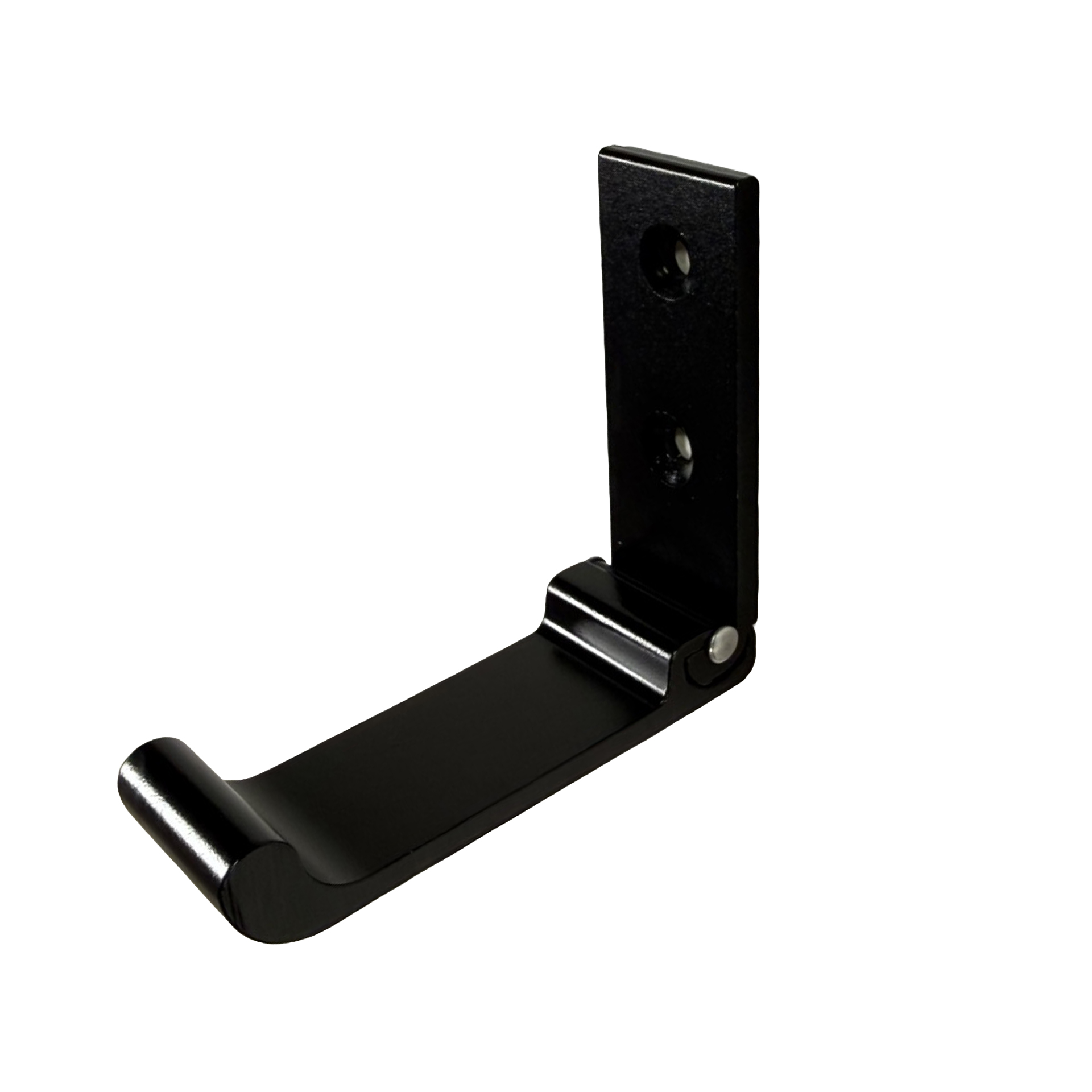 Black aluminum folding thinline wall hook shown extended in mounted position